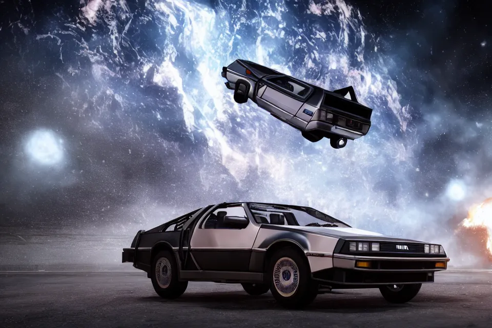 Image similar to ultra realistic delorean dmc 5 and trueno ae 8 6 drift on road wreckage orbiting earth in space, dark cinematic, volumetric, realistic, 3 d render, realistic render, cinematic lighting, volumetric lighting, atmospheric, cinematic, unreal engine 5, unreal engine render, octane render, hd, photorealism, hyper realistic, 8 k