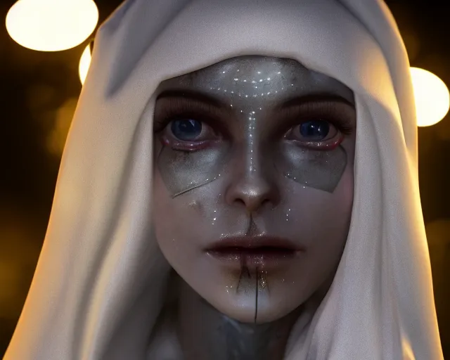 Image similar to a film still of a synthetic female human oracle wrapped in white cloth, beautiful, tribal facepaint, neotokyo, cinematic lighting, high resolution, 4 k