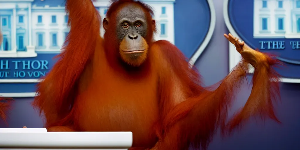 Prompt: an orangutan in the white house giving a press conference, high quality image