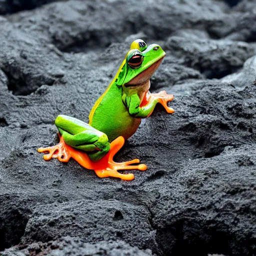 Prompt: frog screaming at an ocean of lava split in two