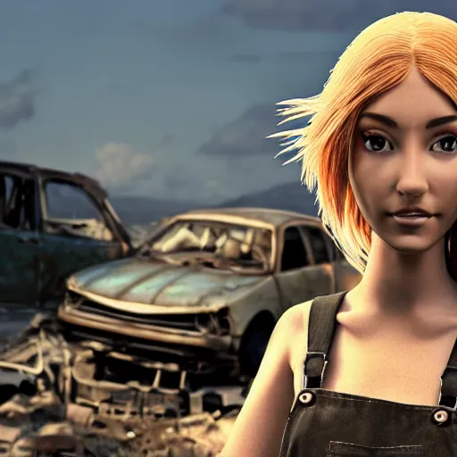 Image similar to a skinny female high-fantasy elf with a long face narrow chin and short spiky blonde hair wearing dark brown overalls and holding a bomb next to a destroyed car, gel spiked blond hair, small ears, narrow lips, high resolution film still, HDR color