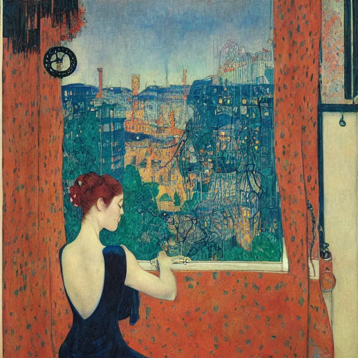 Prompt: portrait of woman in night cat gown croton and crane with steampunk metropolis seen from a window frame with curtains. agnes pelton, caravaggio, bonnard, henri de toulouse - lautrec, utamaro, matisse, monet