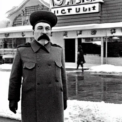 Prompt: stalin standing outside mcdonalds, dressed as santa, color historical photo