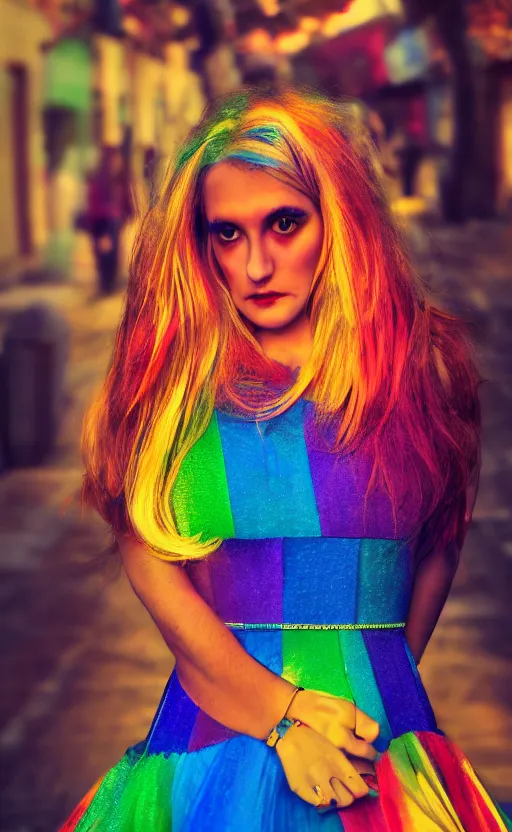 Prompt: a full shot photo of rainbow dress woman, danish angle, streets, colorful, goddess, caucasian, feminine, nighttime, daytime, glow up, realistic, 8 k, hdr, extremely detailed