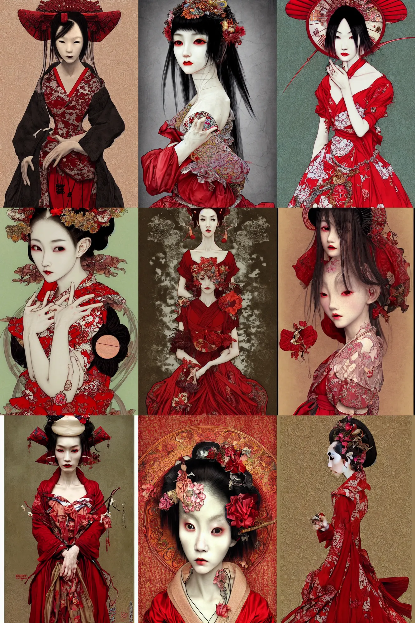 Prompt: photorealistic vogue portrait of an emaciated japanese bjd geisha witch with a long neck in a victorian lolita fashion red dress in the style of cosmic horror by nekro, alphonse mucha, dmt art, symmetrical face, intricate detail, cgsociety, rococo
