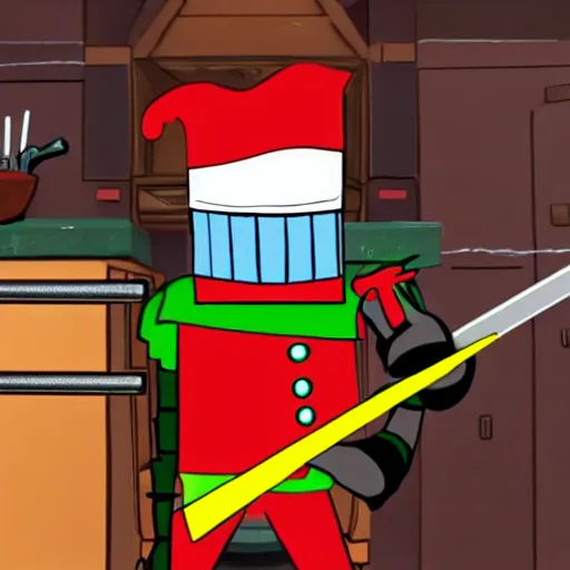 Prompt: boxman wielding a sword inside a kitchen