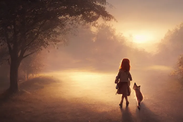 Image similar to a young girl walking to school with her pet fox, matte painting in the style of Greg Rutkowski, early morning light, sunrise, golden hour, trending on artstation