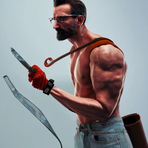 Image similar to highly muscular gordon freeman flexing holding a crowbar, dslr, 8 k, octane beautifully detailed render, cold lighting, cinematic lighting, white background, detailed photo, masterpiece, volumetric lighting, ultra realistic, highly detailed, high quality, lossless, photorealistic, grayscale