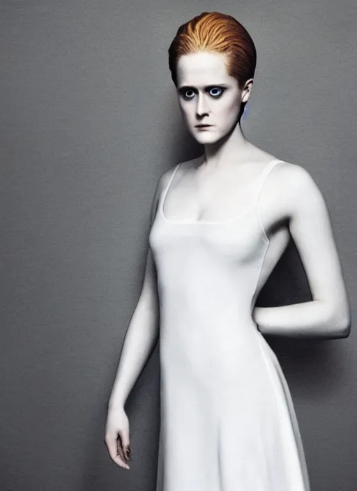 Image similar to goddess, Evan Rachel Wood, pale, holy, gorgeous, white dress, symmetrical face, high fantasy, concept art, Disco Elysium, warm lighting