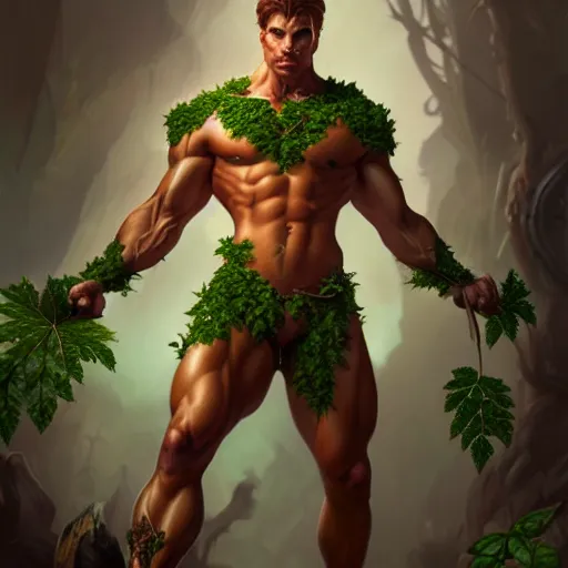 Image similar to A studio full body shot of a photorealistic male male muscular muscular poison ivy wide angle, deep focus, D&D, fantasy, intricate, elegant, highly detailed, digital painting, artstation, concept art, matte, sharp focus, illustration, hearthstone, art by Artgerm and Greg Rutkowski and Alphonse Mucha