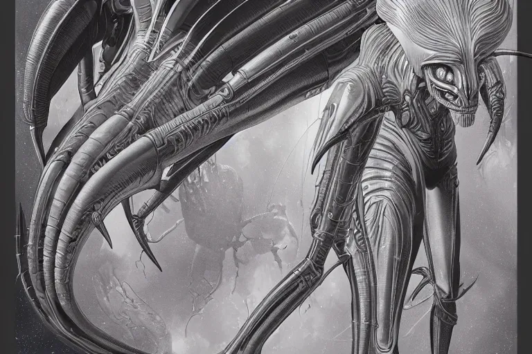 Prompt: Lithograph schematic of alien queen, hyperdetailed, artstation, cgsociety, Art by Ralph McQuarrie