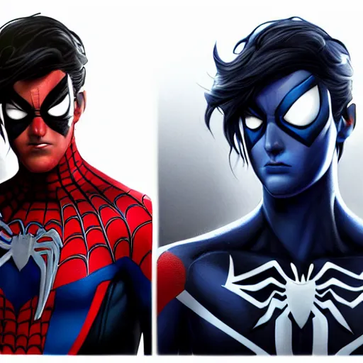 Image similar to characters portrait of Nightwing mixed with Spiderman by ArtGerm and Tom Bagshaw, merged character, 4k, highly detailed, cinematic lighting
