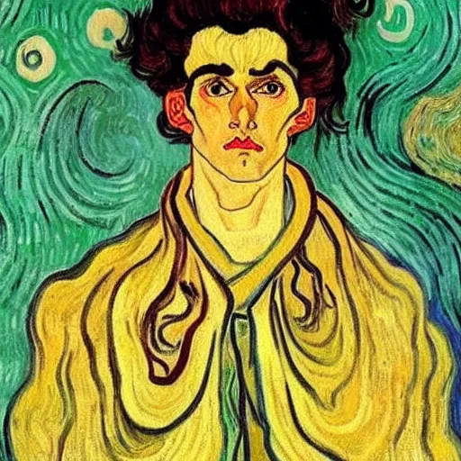 Image similar to painting of handsome beautiful dark medium wavy hair woman in his 2 0 s, dressed as an oracle, foreseeing the future, elegant, clear, painting, stylized, art by vincent van gogh, egon schiele