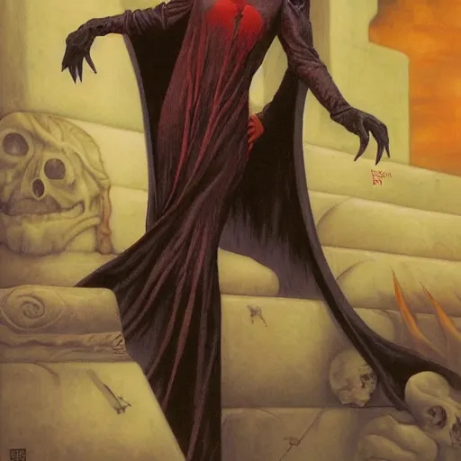 Prompt: vampire priestess, by gerald brom and berthold woltze.