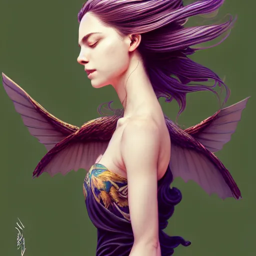 Image similar to 3 / 4 view of a portrait of woman with flowy hair, bird wings, confident pose, pixie, genshin impact,, intricate, elegant, sharp focus, illustration, highly detailed, concept art, matte, trending on artstation, bright colors, art by wlop and artgerm and greg rutkowski, marvel comics h 6 4 0