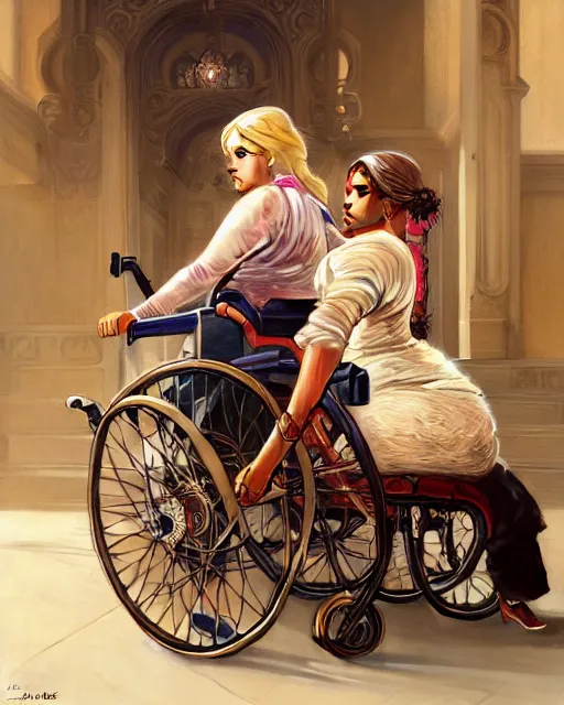 Image similar to Painting of a blonde lady pushing an obese indian lady in a wheelchair,real life skin, intricate, elegant, highly detailed, artstation, concept art, smooth, sharp focus, art by artgerm and greg rutkowski and alphonse mucha