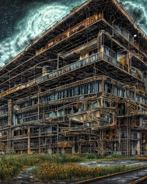 Image similar to a beautiful hyperdetailed illustration of nature unfinished building mine architecture building industrial architecture city urbex abandoned by rafael aranda, liberty city flowers sci - fi at spring cgsociety nightsky, archdaily, wallpaper, highly detailed, trending on artstation.