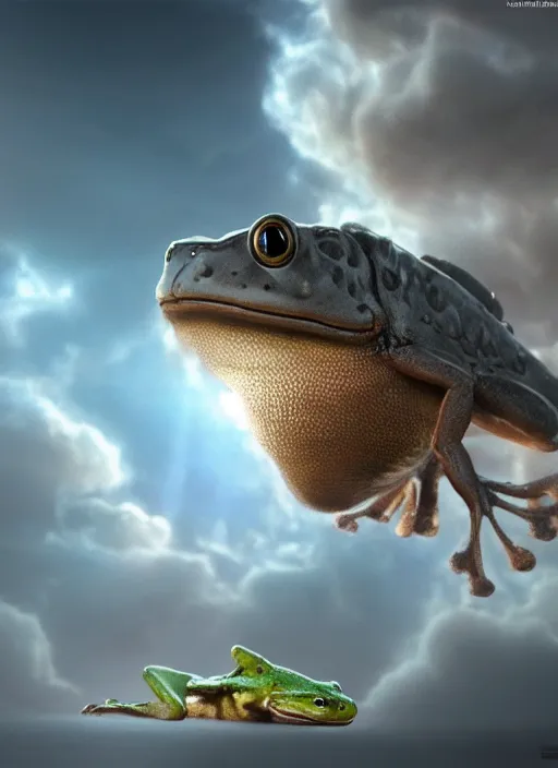 Prompt: hyperrealism, detailed textures, photorealistic 3 d, a massive hovering frog emerging from a fluffy cloud with a giant house fly flying near the frog, ultra realistic, cinematic, intricate, cinematic light, concept art, illustration, art station, unreal engine 8 k