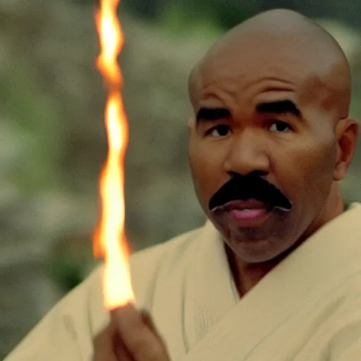 Image similar to cinematic film still of Steve Harvey starring as a Japanese Sensei with fire, Japanese CGI, VFX, 2003, 40mm lens, shallow depth of field, film photography