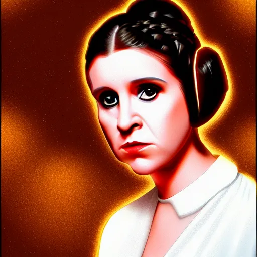 Image similar to portrait of princess leia doing a duckface, in a light white dress, digital art, golden hour, smooth, extremely detailed