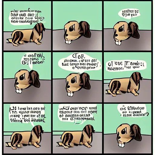 Image similar to “four-panel comic of a dog having a revelation”