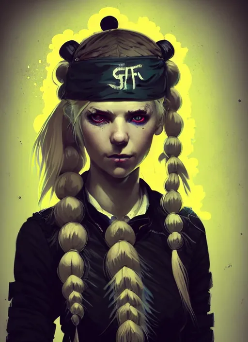 Image similar to highly detailed closeup portrait of a sewer punk pretty swedish female road warrior student, tartan garment, blonde hair pigtails with headband by atey ghailan, by greg rutkowski, by greg tocchini, by james gilleard, by joe fenton, by kaethe butcher, gradient yellow, black, brown and white color scheme, grunge aesthetic!!! white graffiti tag wall background