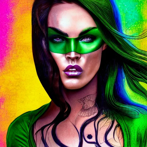 Image similar to an extremely psychedelic portrait of megan fox as the riddler, surreal, lsd, face, detailed, intricate, elegant, lithe, highly detailed, digital oth, sharp focus, illustration,