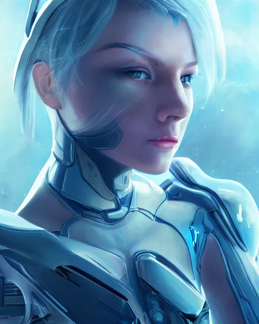 Image similar to photo of a beautiful girl on a mothership, android, warframe armor, pretty face, scifi, futuristic, galaxy, raytracing, dreamy, perfect, aura of light, pure, white hair, blue cyborg eyes, glow, insanely detailed, artstation, innocent look, art by gauthier leblanc, kazuya takahashi, huifeng huang