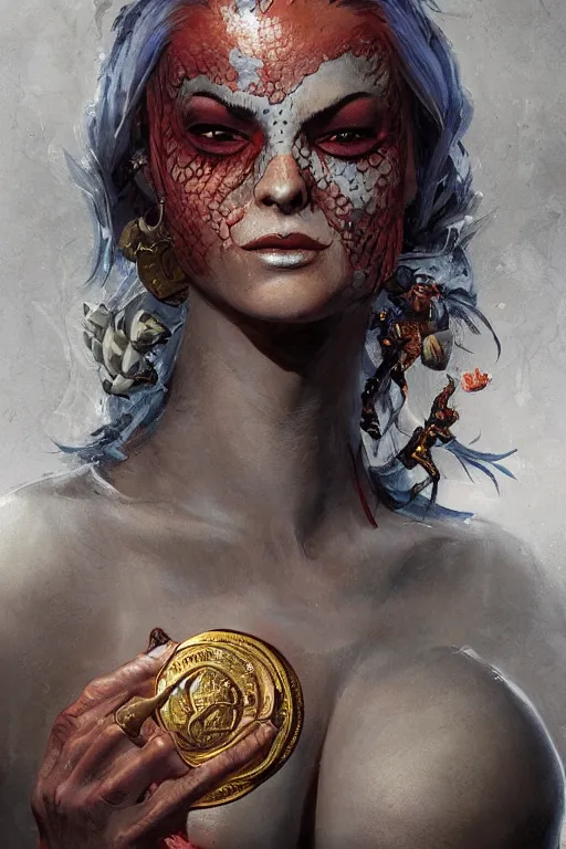 Prompt: portrait of the claw cockatrice brawler wearing fishcorpse (coin) by artgerm and Craig Mullins, James Jean, Andrey Ryabovichev, Mark Simonetti and Peter Morbacher 16k