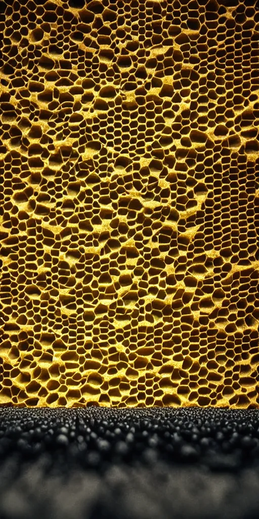 Image similar to real honeycomb organic building with dripping honey by tomas gabzdil libertiny sitting on the field, film still from the movie directed by denis villeneuve arrival movie aesthetic with art direction by zdzisław beksinski, telephoto lens, shallow depth of field