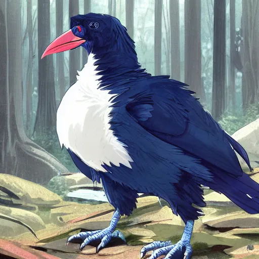 Image similar to concept art painting of an anthropomorphic albino raven wearing dark blue robes, in the deep forest, realistic, detailed, cel shaded, in the style of makoto shinkai and greg rutkowski and james gurney