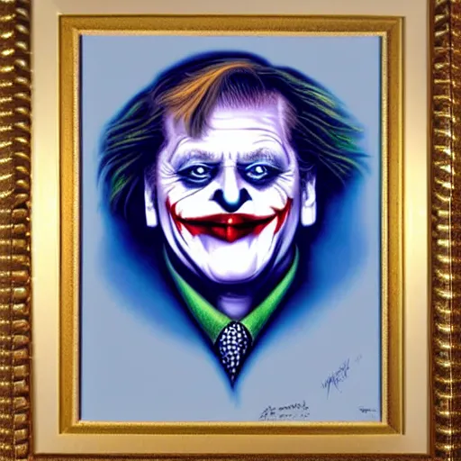 Image similar to angela merkel is the joker, airbrush art, drew struzan illustration art, key art, portrait