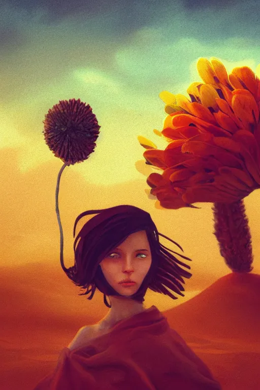 Image similar to closeup, giant flower head, girl in desert, surreal photography, wind and cold, dramatic sky, impressionist painting, digital painting, artstation, simon stalenhag