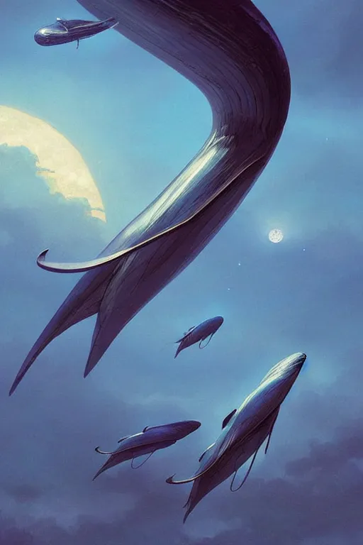 Image similar to realistic render portrait ofgroup of flying blue whales towards the moon, hyperdetailed, sculpted in zbrush, artstation, concept art, smooth, sharp focus, illustration, chiaroscuro lighting, golden ratio, incredible art by artgerm and greg rutkowski and alphonse mucha and simon stalenhag