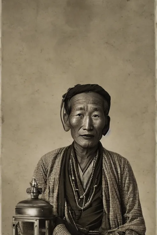 Image similar to ultra realistic vintage photo portrait of a tibetan man with a birdcage in the chest, by Annie Leibovitz,