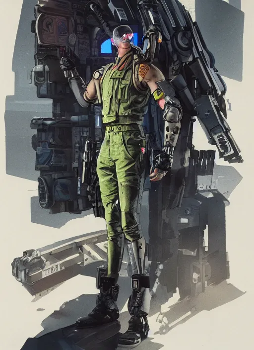 Image similar to menacing cyberpunk mercenary with robotic blade arms in military vest and jumpsuit. dystopian. portrait by stonehouse and mœbius and will eisner and gil elvgren and pixar. realistic proportions. cyberpunk 2 0 7 7, apex, blade runner 2 0 4 9 concept art. cel shading. attractive face. thick lines.