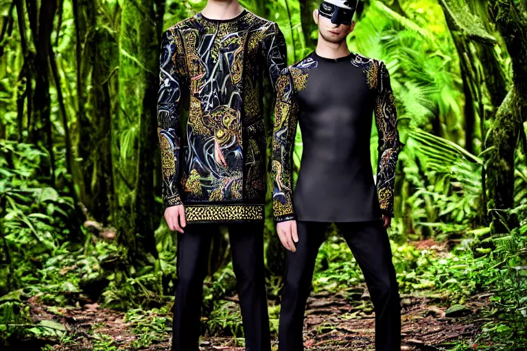 Prompt: versace avant garde male tunics posing in the jungle woods intricate modern choatic textiles streetwear cyberpunk dark cloudy overcast