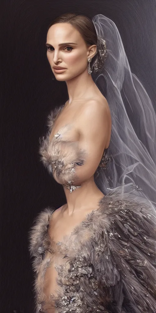 Image similar to Natalie Portman, wearing an evening gown, alexander mcqueen couture, very detailed portrait, ultrarealistic, dramatic lighting, electrical details, high details, 4k, 8k, best, accurate, trending on artstation, fur, artstation, photorealism, ultrarealistic, digital painting, style of Dali, Caravaggio, Boris Vallejo