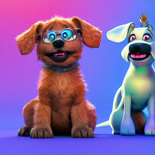 Image similar to cute dogs, 3 d render, illustrated, incredible details, highly detailed, colorful, photorealistic, disney pixar, octane render, iridescent, anime, 8 k
