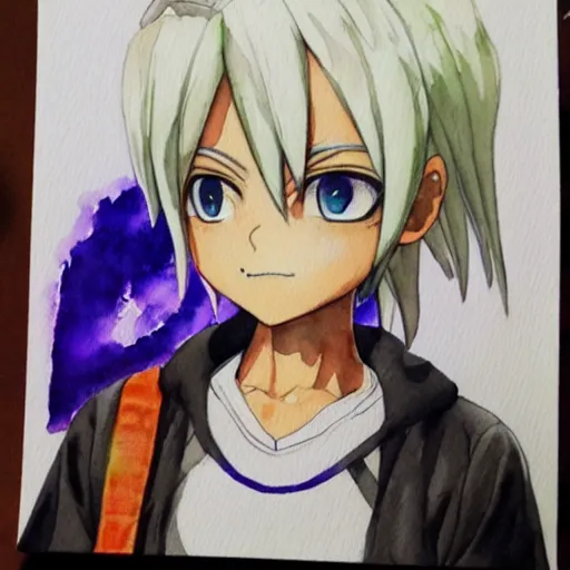 Prompt: high quality portrait watercolor painting of custom cosplay senku ishigami from dr.stone nendoroid girl kawaii chibi by krenz cushart ilya kuvshinov