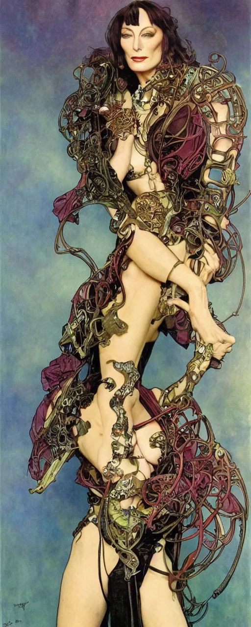 Prompt: striking sensual colorful art nouveau style portrait of anjelica huston as an industrial leatherpunk rebel commander by glenn fabry, simon bisley and alphonse mucha, photorealism, extremely hyperdetailed, perfect symmetrical facial features, perfect anatomy, ornate declotage, spikes, latex, excited expression, wild eyes