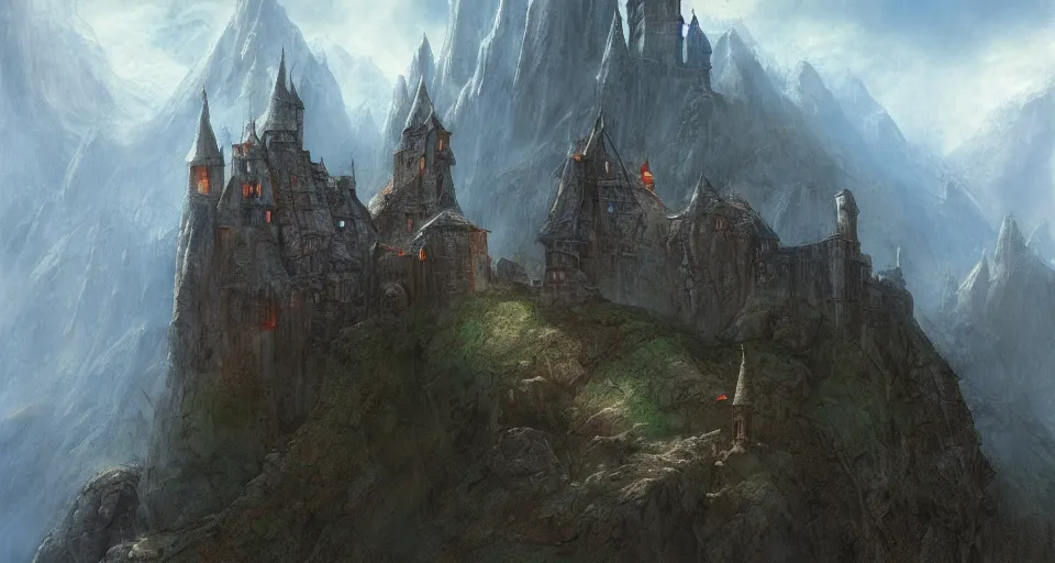 Image similar to castle on a misty mountain by John Howe and Jeff Easley and Craig Mullins, concept art, HD, 8K