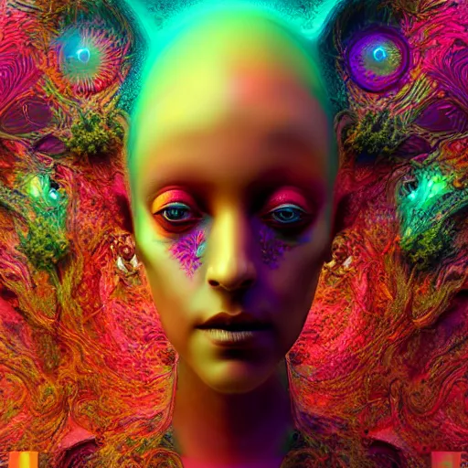 Image similar to Face of a Alien Deity, corals, plume made of fractals, extremly detailed digital painting, in the style of android jones, artwork of a futuristic artificial intelligence superstar, mystical colors, rim light, beautiful lighting, 8k, stunning scene, raytracing, octane, under water visual distortion, trending on artstation