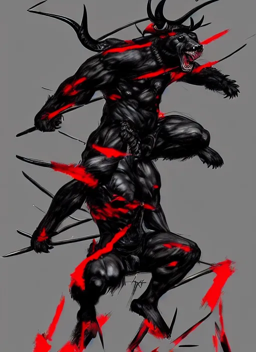 Image similar to Full body portrait of horned black bear with sharp claws and red eyes. In style of Yoji Shinkawa and Hyung-tae Kim, trending on ArtStation, dark fantasy, great composition, concept art, highly detailed.