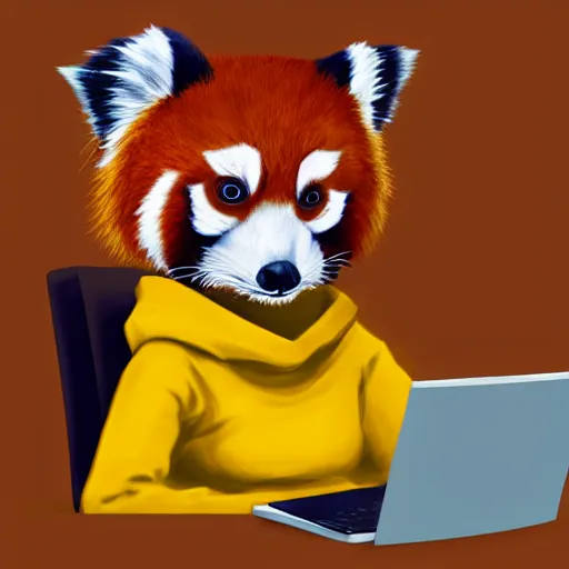 Image similar to beautiful portrait commission of a female furry anthro red panda wearing a yellow hoodie while typing on a laptop, trending on artstation