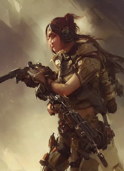 Prompt: of a beautiful sniper girl in war, with fantasy gear and helmet, portrait by ruan jia and ross tran, detailed, epic video game art, warm color tone