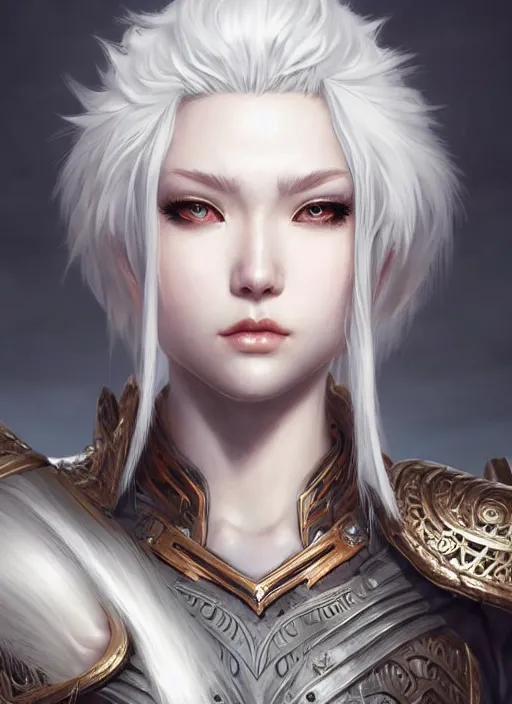 Image similar to warrior, fur leather armor!!! beautiful and elegant white hair female!! gorgeous ayes!! character concept art, sharp focus, octane render! unreal engine 5! highly rendered!! trending on artstation!! detailed linework!! illustration by artgerm, wlop, and chie yoshii