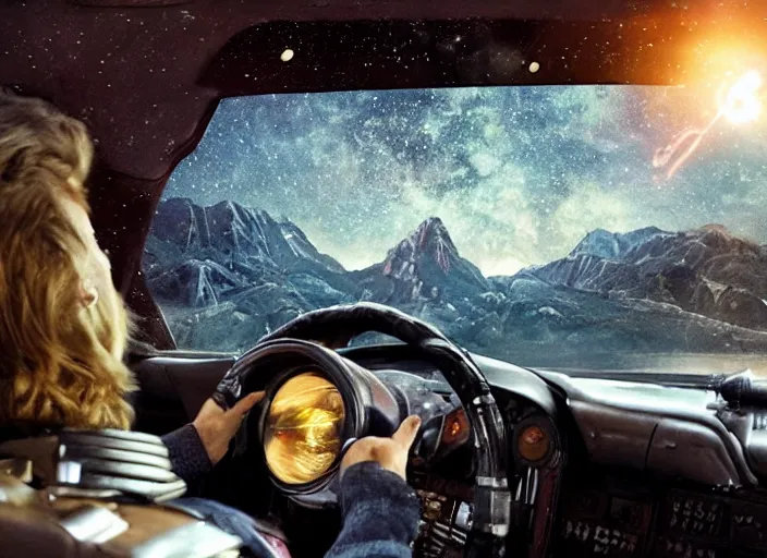 Image similar to a very high resolution image from a new movie, starlord. inside of a car. mountains, falling stars, directed by wes anderson