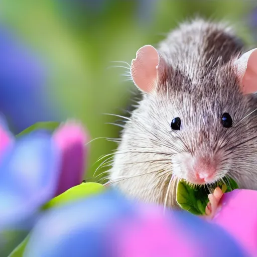 Prompt: photo realistic white rat holding a flower