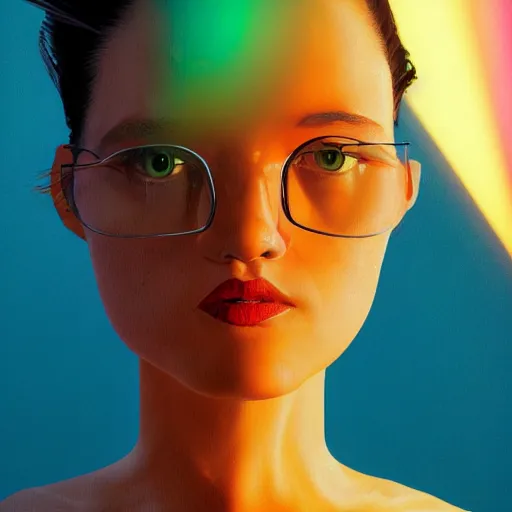 Image similar to colourful vfx upper half - portrait - a girl reading a book, art by katsuhiro otomo & james jean, digital render, digital illustration, concept art, caricature, volumetric light, ray tracing, symmetrical, unreal engine, octane 3 d render, sharp, detailed, intricate detail, pinterest, behance, art station